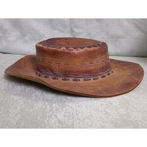 Vintage Tooled Brown Leather Hat Rodeo Cowboy Hat Handmade Size 6.5 w Extras